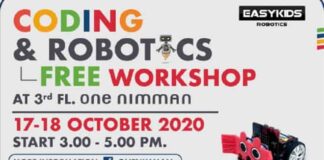 Free! Coding & Robotics Workshop – 17-18 ตุลาคม 2563 Coding & Robotics FREE Workshop by EasyKidsRobotics พบกันวันที่ 17-18 ตุลาคม 63 เริ่มเวลา 15:00 - 17:00 น. ณ One nimman