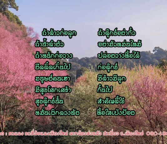 ถ้าต้าวก่อลุก ถ้าตุ๊กข์อย่ากั๋ว ถ้าต้าวก่อลุก ถ้าตุ๊กข์อย่ากั๋ว ถ้าน้ำต๋ายัว อย่ามัวหม่นไหม้ ถ้าหน้กก่อวาง ปล่อยวางหื้อได้ ยึดติ๋ดเกิ๋นไป ก่อตุ๊กข์