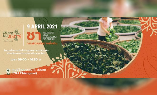 ชา กับ การพัฒนาอย่างยั่งยืน เรียนรู้ ครบเครื่อง เรื่องชา ในเทศกาลเที่ยวเชียงใหม่ และสัมนาพิเศษ ในงาน Chiangmai Roots Agro - Gastronomy 2021 วันศุกร์ที่ 9 เมษายน 2564 ณ ศูนย์วัฒนธรรมเชียงใหม่ ถนนวัวลาย