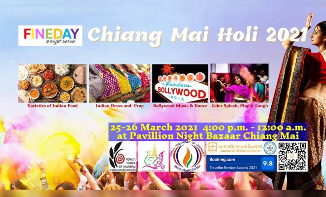 Chiang Mai Holi 2021 on 25 to 26 March 2021 from 4.00 p.m. to 12.00 a.m. at Pavilion NIght Bazaar Chiang Mai