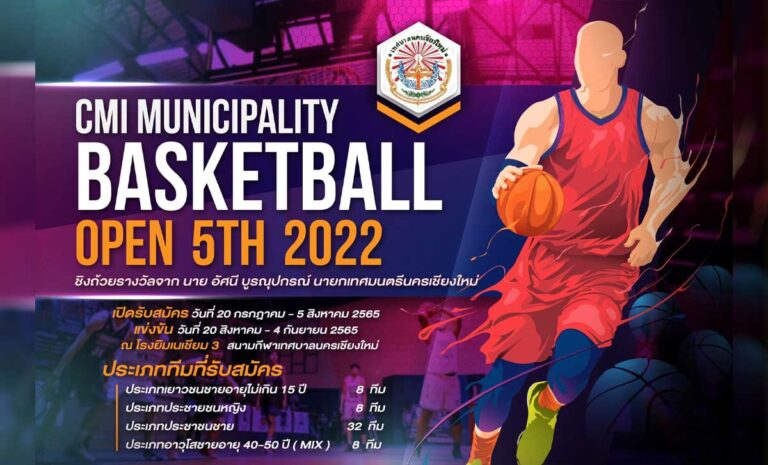 กีฬาบาสเกตบอลเทศบาลนครเชียงใหม่โอเพ่น ครั้งที่ 5/2565 วันเสาร์ที่ 20 สิงหาคม 2022 เวลา 18:00 น. ณ สนามกีฬาเทศบาลนครเชียงใหม่