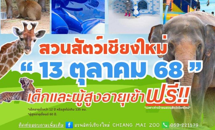 สวนสัตว์เชียงใหม่ 13 ตุลาคม 68 เด็กและผู้สูงอายุเข้าฟรี!!! วันจันทร์ที่ 13 ตุลาคม 2568 ณ สวนสัตว์เชียงใหม่