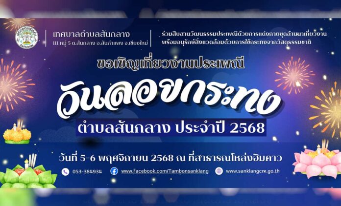Loykrathong-Sanklang-2568 งานลอยกระทง เทศบาลตำบลสันกลาง ประจำปี 2568 วันที่ 5-6 พฤศจิกายน 2568 ณ บริเวณที่สาธารณโหล่งฮิมคาว หมู่ที่ 2