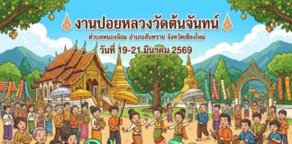 งานปอยหลวงวัดต้นจันทน์ ต.หนองจ๊อม อ.สันทราย งานปอยหลวงวัดต้นจันทน์ วันที่ 19-21 มีนาคม 2569 ณ วัดต้นจันทน์ บ้านหนองไคร้ต้นจันทน์ ตำบลหนองจ๊อม อำเภอสันทราย จังหวัดเชียงใหม่