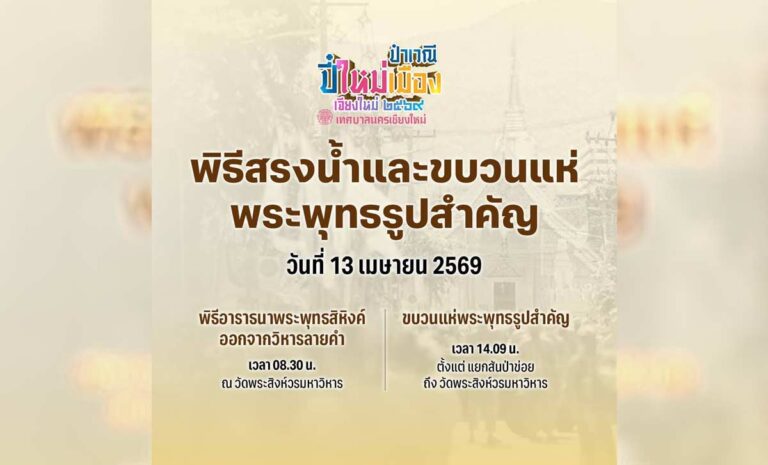 พิธีสรงน้ำและขบวนแห่พระพุทธรูปสำคัญ ป๋าเวณีปี๋ใหม่เมืองเจียงใหม่ 2569 วันจันทร์ที่ 13 เมษายน 2569 เวลา 8.30 น. ณ วัดพระสิงห์วรมหาวิหาร