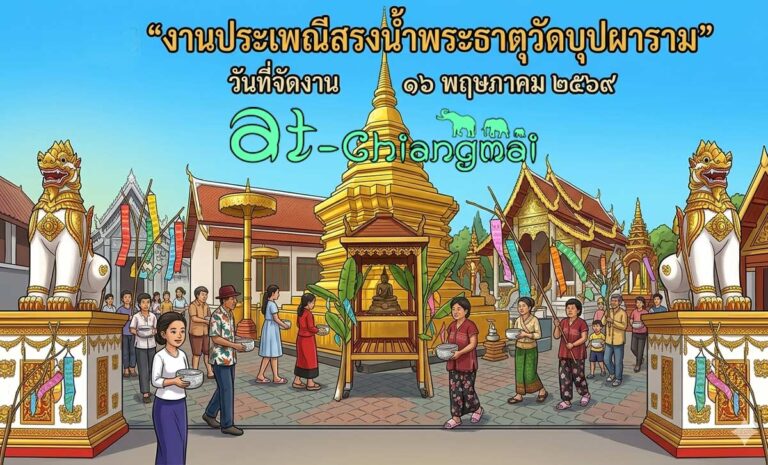 งานประเพณีสรงน้ำพระธาตุวัดบุปผาราม ประจำปี 2569 วันที่ 16 พฤษภาคม 2569 ณ วัดบุปผาราม บ้านแม่กุ้งบก ตำบลสันกลาง อำเภอสันป่าตอง จังหวัดเชียงใหม่