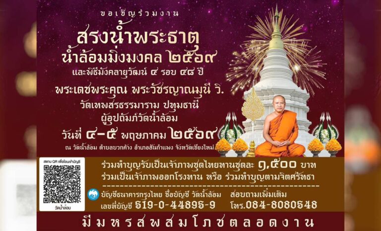 งานสรงน้ำพระธาตุ วัดน้ำล้อม ต.บวกค้าง อ.สันกำแพง วันที่ 4-5 พฤษภาคม 2569 ณ วัดน้ำล้อม บ้านแม่แต ตำบลบวกค้าง อำเภอสันกำแพง จังหวัดเชียงใหม่