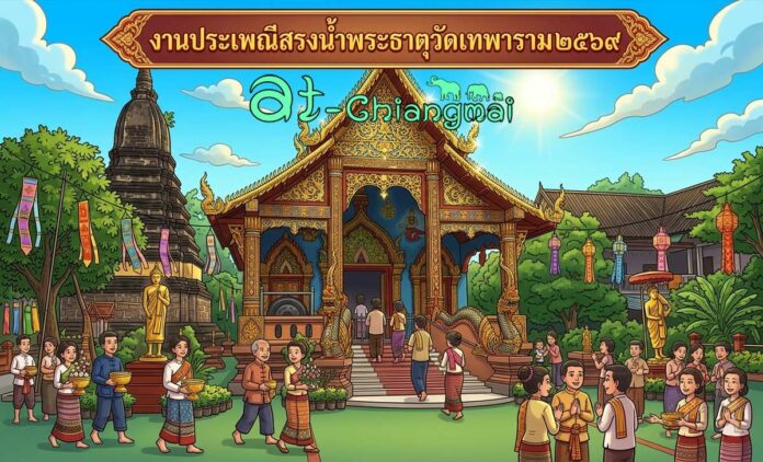 งานประเพณีสรงน้ำพระธาตุวัดเทพาราม ประจำปี 2569 วันที่ 20 มิถุนายน 2569 ณ วัดเทพาราม บ้านเทพาราม ตำบลป่าบง อำเภอสารภี จังหวัดเชียงใหม่