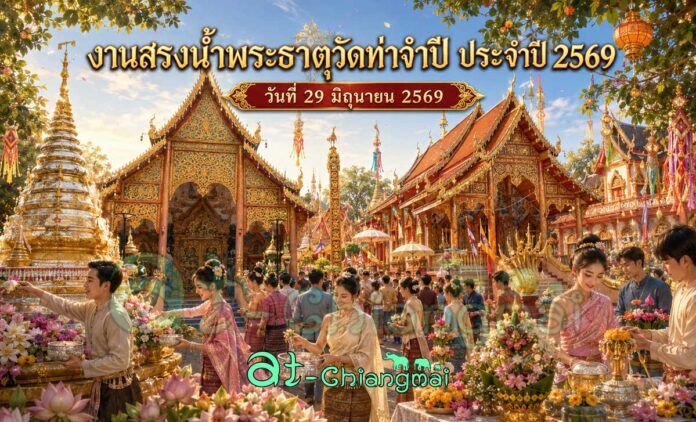 งานสรงน้ำพระธาตุวัดท่าจำปี ประจำปี 2569 วันที่ 29 มิถุนายน 2569 ณ วัดท่าจำปี ตำบลทุ่งสะโตก อำเภอสันป่าตอง จังหวัดเชียงใหม่