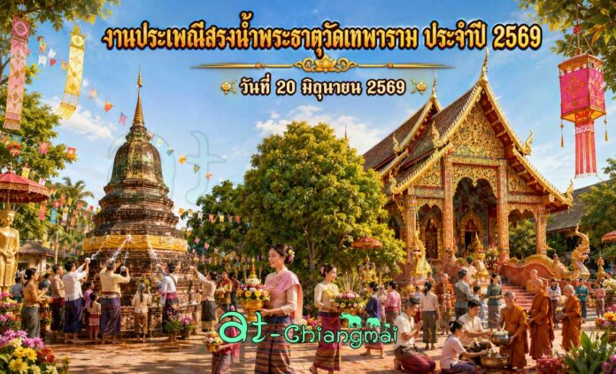 งานประเพณีสรงน้ำพระธาตุวัดเทพาราม ประจำปี 2569 วันที่ 20 มิถุนายน 2569 ณ วัดเทพาราม ตำบลป่าบง อำเภอสารภี จังหวัดเชียงใหม่