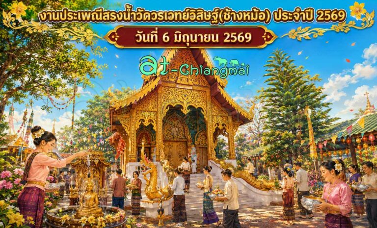 งานประเพณีสรงน้ำวัดวรเวทย์วิสิษฐ์(ช้างหม้อ) ประจำปี 2569 วันที่ 6 มิถุนายน 2569 ณ วัดวรเวทย์วิสิษฐ์(ช้างหม้อ) บ้านเดื่อ ตำบลบ้านแหวน อำเภอหางดง จังหวัดเชียงใหม่