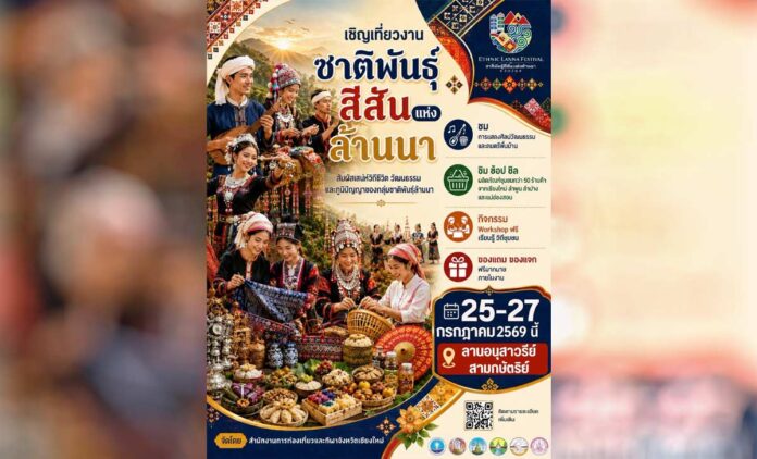 ขอเชิญผู้สนใจร่วม งานชาติพันธุ์สีสันแห่งล้านนา 2569 (Ethnic Lanna Festival 2026) — เชิญเที่ยวงานชาติพันธุ์สีสันแห่งล้านนา สัมผัสเสน่ห์วิถีชีวิต วัฒนธรรมและภูมิปัญญาของกลุ่มชาติพันธ์ล้านนา ที่อนุสาวรีย์สามกษัตริย์ อำเภอเมือง จังหวัดเชียงใหม่