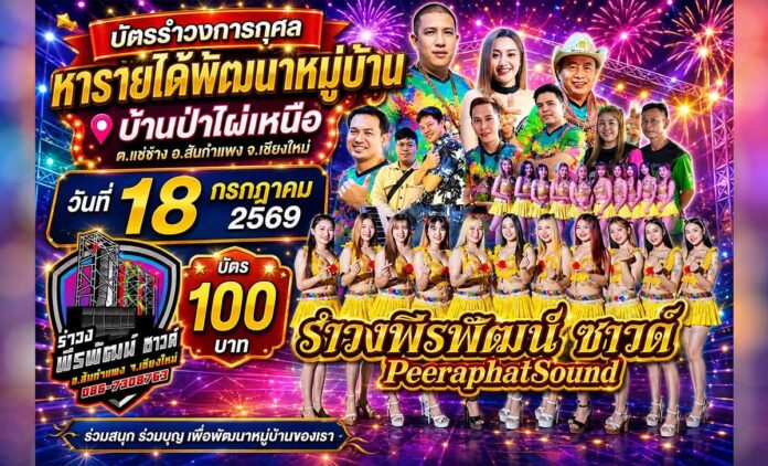ขอเชิญผู้สนใจร่วม รำวงการกุศลบ้านป่าไผ่เหนือ ต.แช่ช้าง อ.สันกำแพง — รำวงการกุศลบ้านป่าไผ่เหนือ ต.แช่ช้าง อ.สันกำแพง จ.เชียงใหม่ ณ บ้านป่าไผ่เหนือ ตำบลแช่ช้าง อำเภอสันกำแพง จังหวัดเชียงใหม่